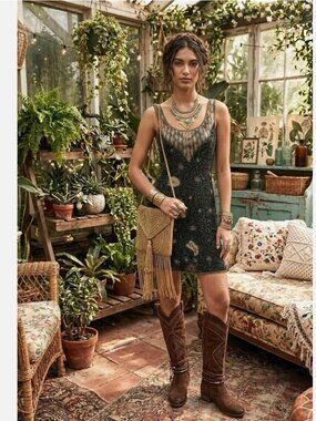 Free People - 90s VTG Zodiac Beaded Astrology Constellation Mesh Star Dress Silk